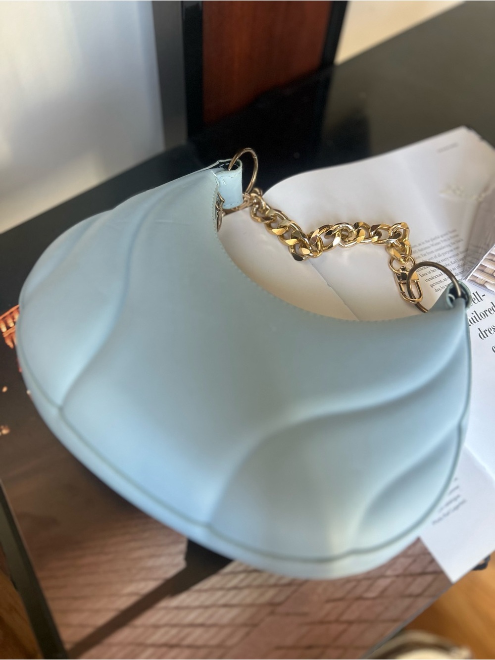 Light Blue Quilted Shoulder Bag with Gold Chain women